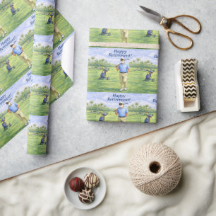 Golfspieler mit Happy Retirement Text auf dem Golf Geschenkpapier