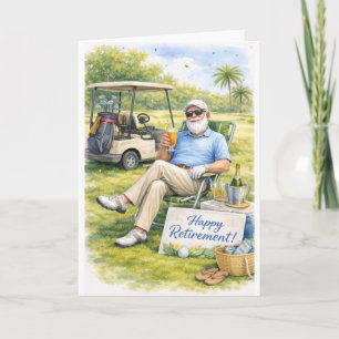 Golfspieler mit Schild zum glücklichen Ruhestand a Karte