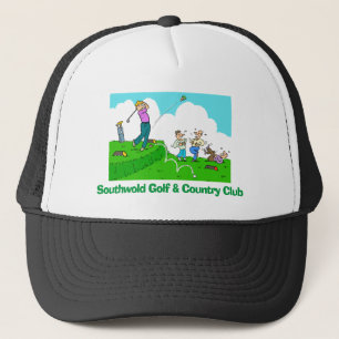 Golfspieler spielt Golf & schlägt schlecht ab. Truckerkappe