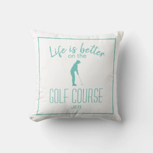 Golfspieler-Sportzitat Monogrammiert Türkis & Weiß Kissen