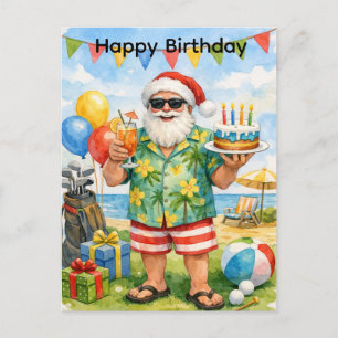 Golfspieler Weihnachtsmann Hut hält Geburtstagskuc Postkarte