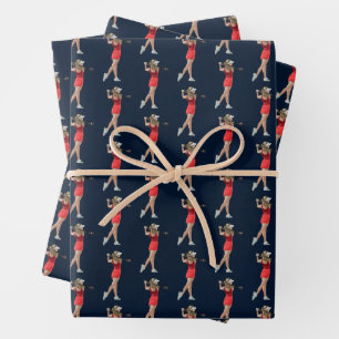 Golfspielerin nach dem Drive Sportmuster Geschenk Geschenkpapier Set