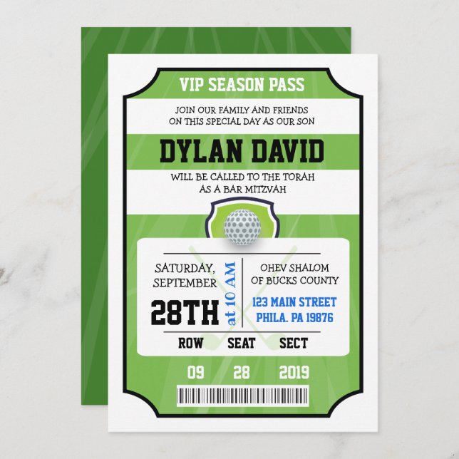 GOLFvip-KARTE Bar-Schläger Mitzvah Einladung (Vorne/Hinten)