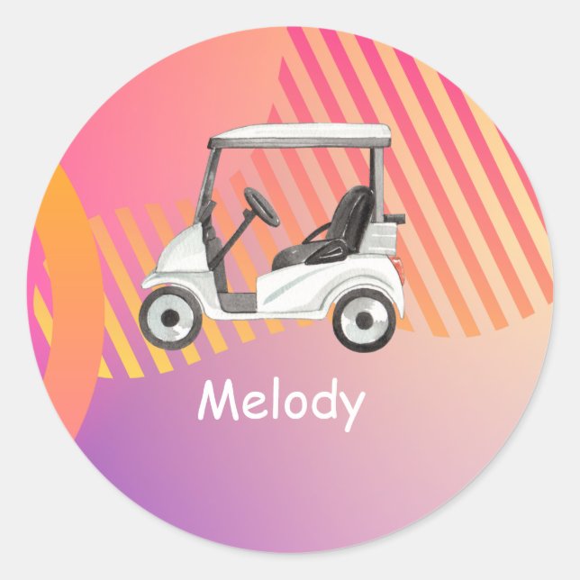 Golfwagen auf rosa farbigem Hintergrund mit Namen Runder Aufkleber (Vorderseite)