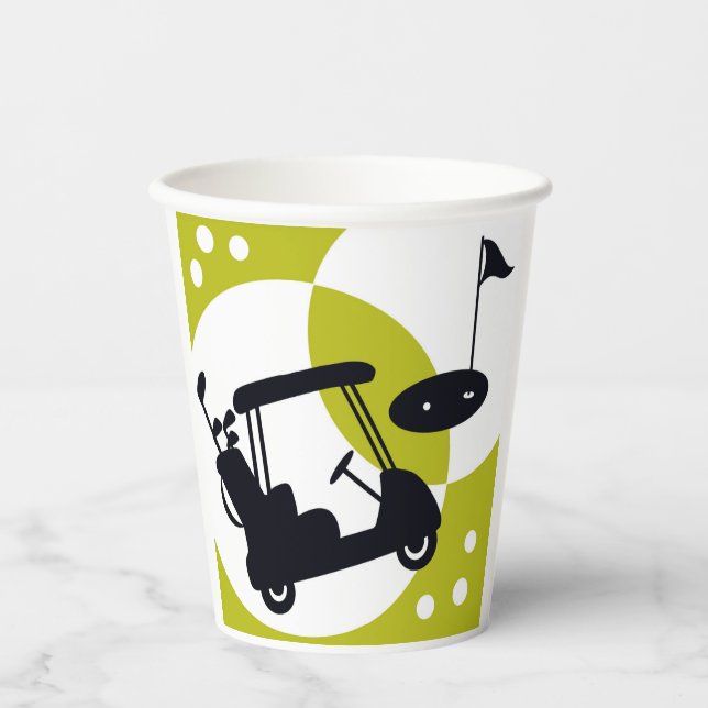 Golfwagen, Clubs & Grüntöne Pappbecher (Vorderseite)