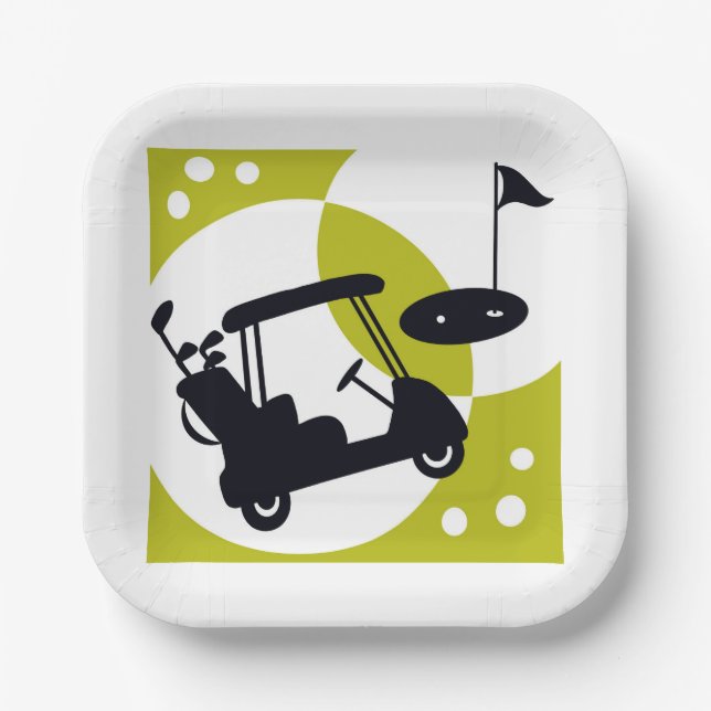 Golfwagen, Clubs & Grüntöne Pappteller (Vorderseite)