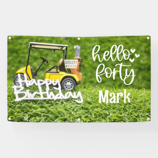 Golfwagen ist auf grünem Gras 40. Geburtstag Banner (Horizontal)