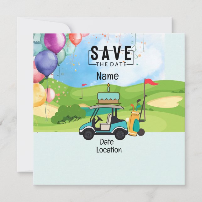 Golfwagen mit Birthday Save the Date für Golfer Einladung (Vorderseite)