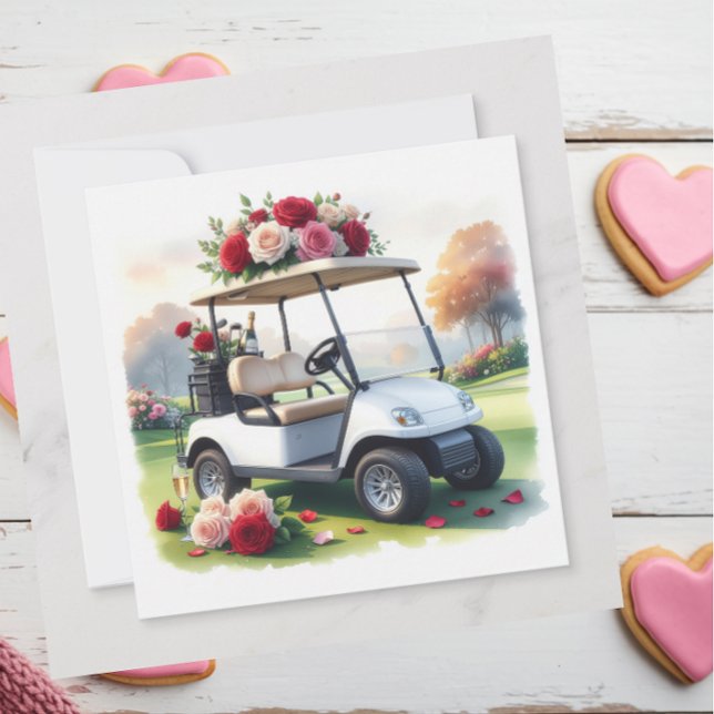 Golfwagen mit roten Rosen auf grünem Gras zum Vale Feiertagskarte (Von Creator hochgeladen)