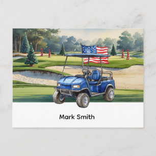 Golfwagen mit USA-Flagge auf dem Golfplatz zu Weih Feiertagspostkarte