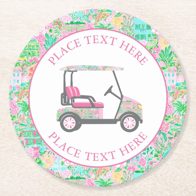 Golfwagen Preppy Palm Beach Runder Pappuntersetzer (Vorderseite)