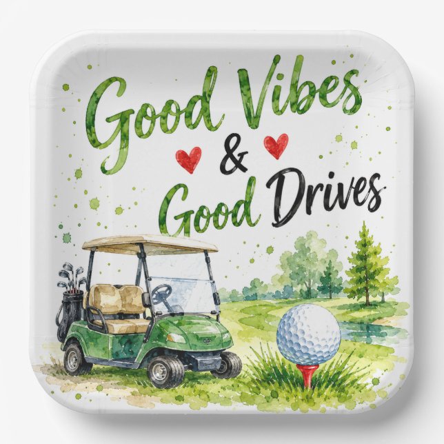 Golfwagen und Ball auf dem Golfplatz  Pappteller (Vorderseite)