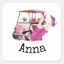 Golfwagen und rosa Schuhe mit hoher Ferse Golfer