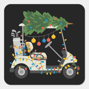 Golfwagen-Weihnachtsbaumlichter Xmas-Sport-Golfer Quadratischer Aufkleber