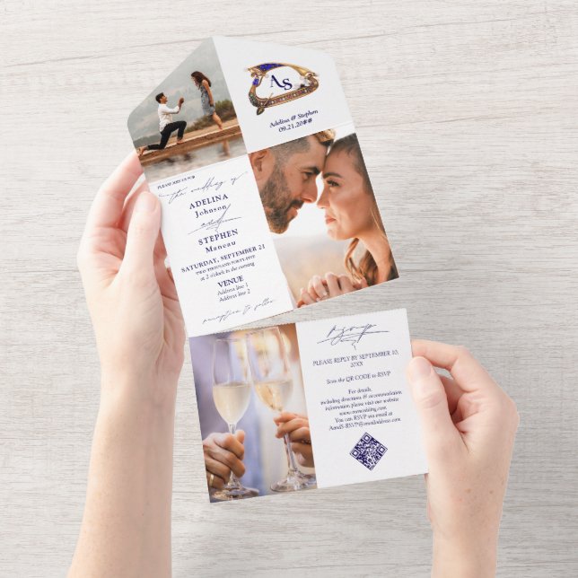 Gondola Monogram Wappen 3 Foto QR Code Blu Wedding All In One Einladung (Abreißen)