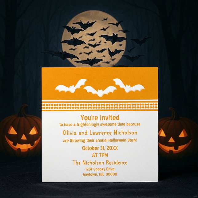 Gone Batty Halloween-Party Invite, Orange & White Einladung (Orange and White Gone Batty Halloween Party Invitation)