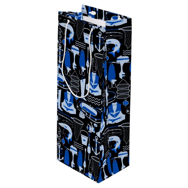 Gone Fishing Blue Pattern Geschenktüte Für Weinflaschen (Vorderseite Schrägansicht)