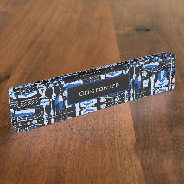 Gone Fishing Blue Pattern Namensplakette (Seite)