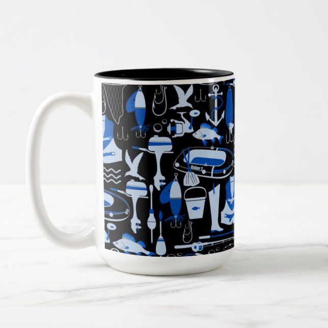 Gone Fishing Blue Pattern Zweifarbige Tasse (Links)