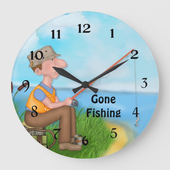 Gone Fishing Fischer Große Wanduhr (Vorderseite)