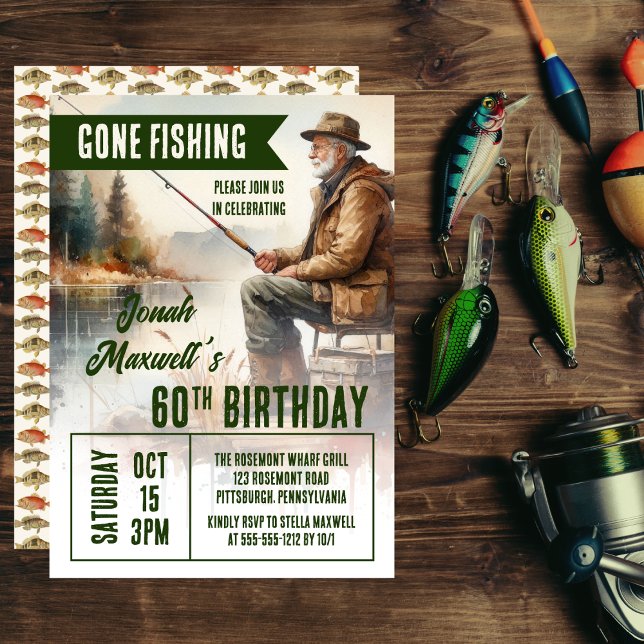 Gone Fishing Fisherman Scene Birthday Party Einladung ("Gone Fishing" Fisherman Scene Birthday Party Invitation)