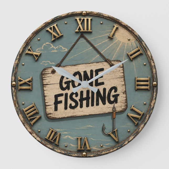 Gone Fishing Funny Fisherman Cabin Gift Große Wanduhr (Vorderseite)