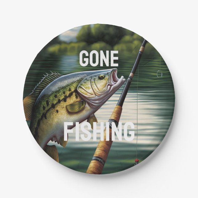 Gone Fishing Man Cave Lake House Bass Fish Pappteller (Vorderseite)