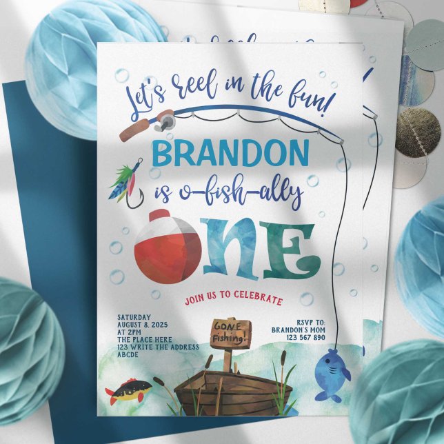 Gone Fishing, O-Fish-all, The big one, 1st Einladung (o-fish-ally, boy 1st birthday invitation, little fisherman, gone fishing themed birthday invites.)