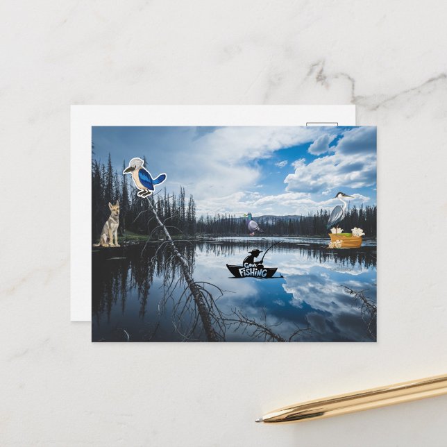 Gone Fishing Postkarte (A serene lake surrounded by burnt trees under a dramatic sky. )