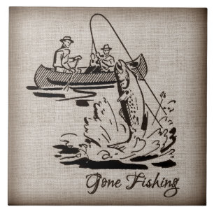 Gone Fishing Vintag Canoe Kayak Fisch auf Burlap Fliese