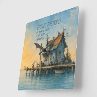Gone Fishing Whimsical Coastal Wanduhr