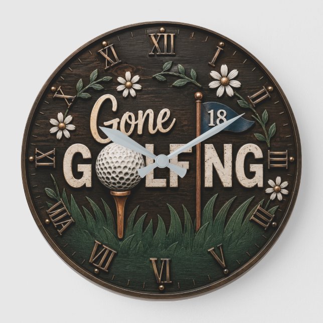 Gone Golfing Rustic Floral Golfer Gift Große Wanduhr (Vorderseite)