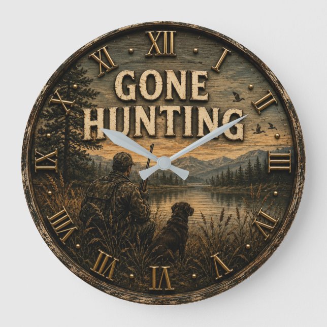 Gone Hunting Rustic Vintage Cabin  Große Wanduhr (Vorderseite)