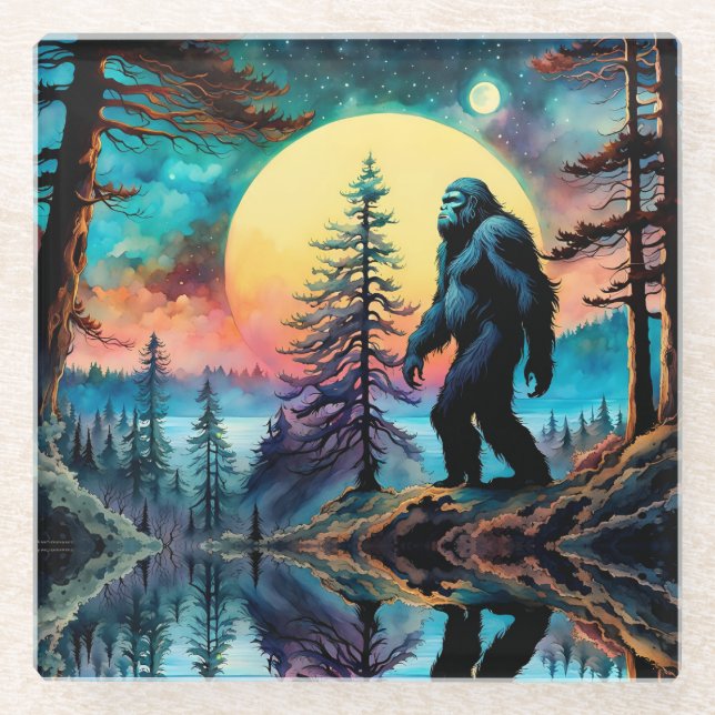 Gone Squatchin' farbenfrohe Sasquatch Landschaft Glasuntersetzer (Vorderseite)