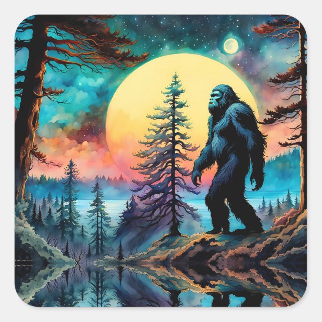 Gone Squatchin' farbenfrohe Sasquatch Landschaft Quadratischer Aufkleber (Vorderseite)