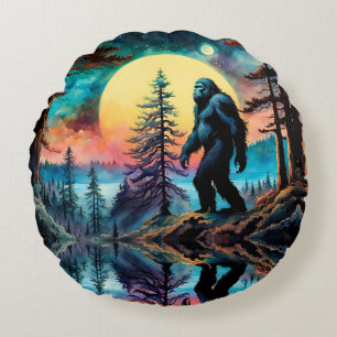 Gone Squatchin' farbenfrohe Sasquatch Landschaft Rundes Kissen