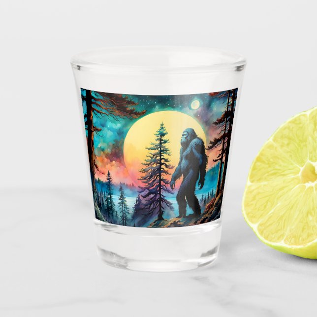 Gone Squatchin' farbenfroher Sasquatch Moon Schnapsglas (Vorderseite)