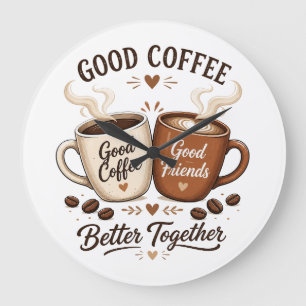 Good Coffee Good Friends mit zwei Kaffeetassen Große Wanduhr