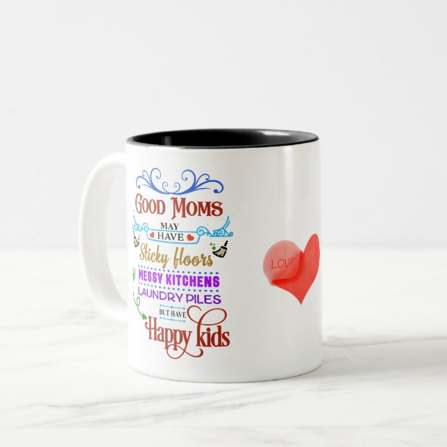 Good Moms, Happy Kids & Priorities Right Zweifarbige Tasse (Vorderseite Links)