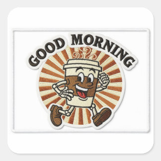 "Good Morning" Coffee Cup Mascot Embroidered Patch Quadratischer Aufkleber