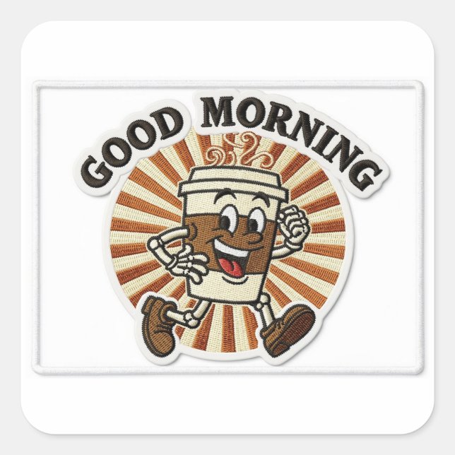 "Good Morning" Coffee Cup Mascot Embroidered Patch Quadratischer Aufkleber (Vorderseite)