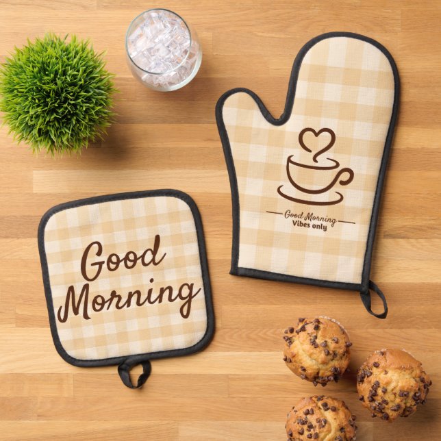 Good Morning Pot Holdings & Oven Mitt - Beige Karo Ofenhandschuh & Topflappen-Set (Oben Unten)