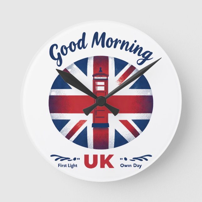 Good Morning UK - Union Jack & London Phone Box Runde Wanduhr (Vorderseite)