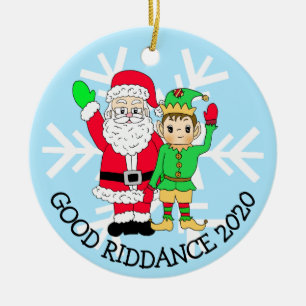 Good Riddance 2020 Santa and Elf in Facemask Keramik Ornament
