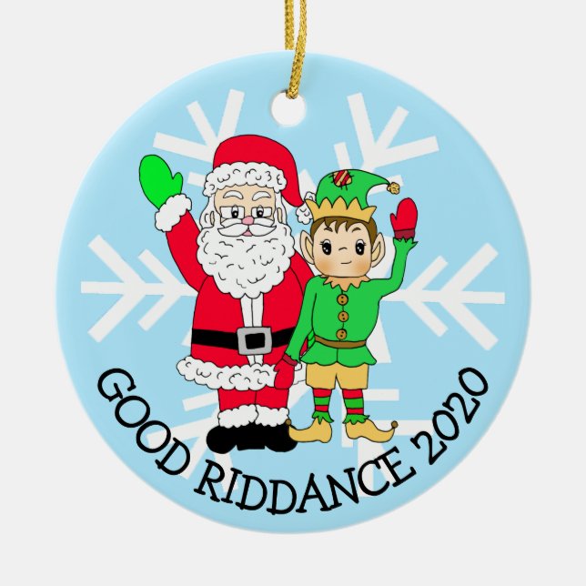 Good Riddance 2020 Santa and Elf in Facemask Keramik Ornament (Vorne)