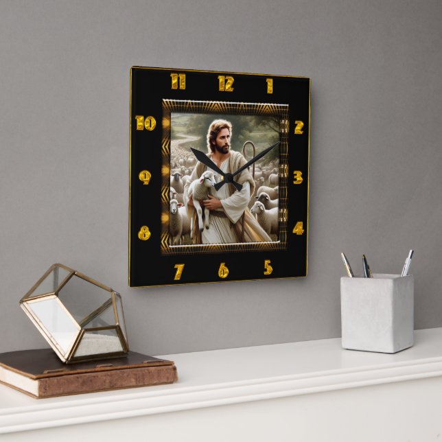 Good Shepherd John 10:7 Friedlich Shepherd Scene Quadratische Wanduhr (Büro)
