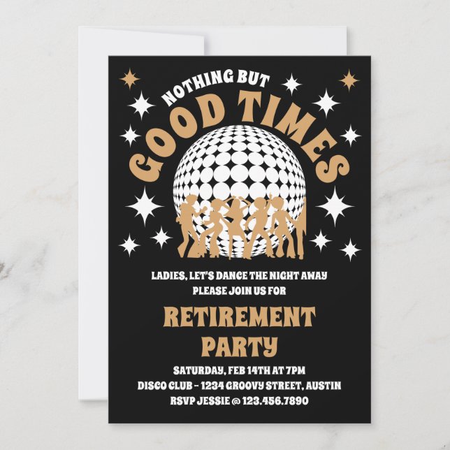 Good Times Groovy Black and Gold Retirement Party Einladung (Vorderseite)