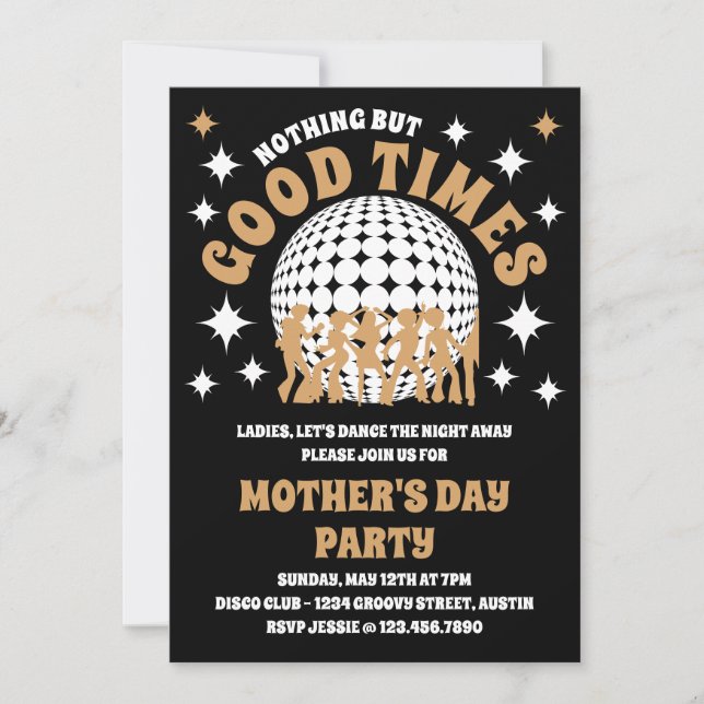 Good Times Groovy Black & Gold Mother Day Party Einladung (Vorderseite)