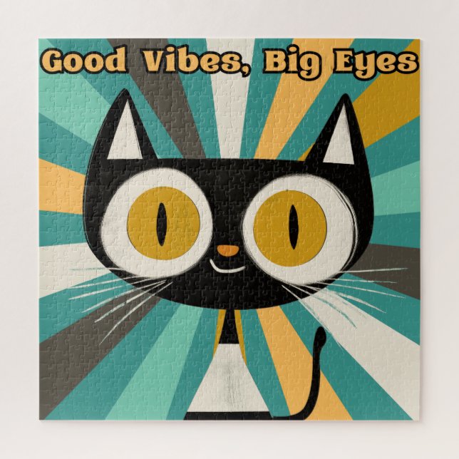 Good Vibes Big Eyes Cat | Niedliche Schwarze Katze Puzzle (Vertikal)