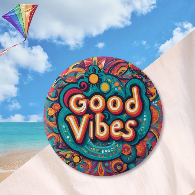 Good Vibes Colorful Groovy Hippie Retro Button (Enjoy 'Good Vibes' with this colorful pin button, patterned in a retro hippie style)
